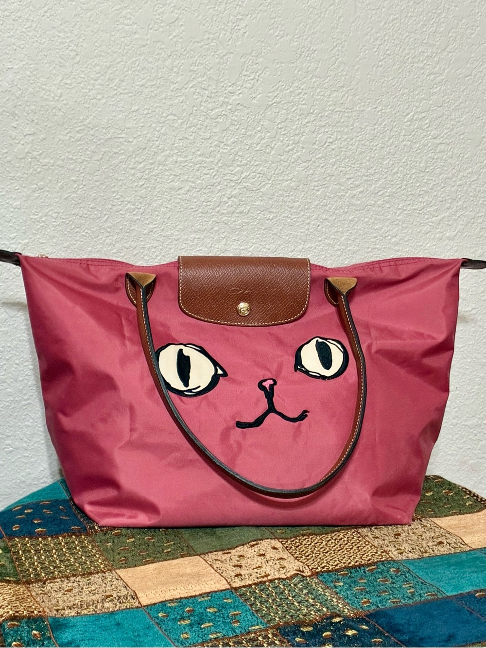 Longchamp Le Pliage Miaou Cat "MIAOU" Print Pink Large Tote Bag Strap